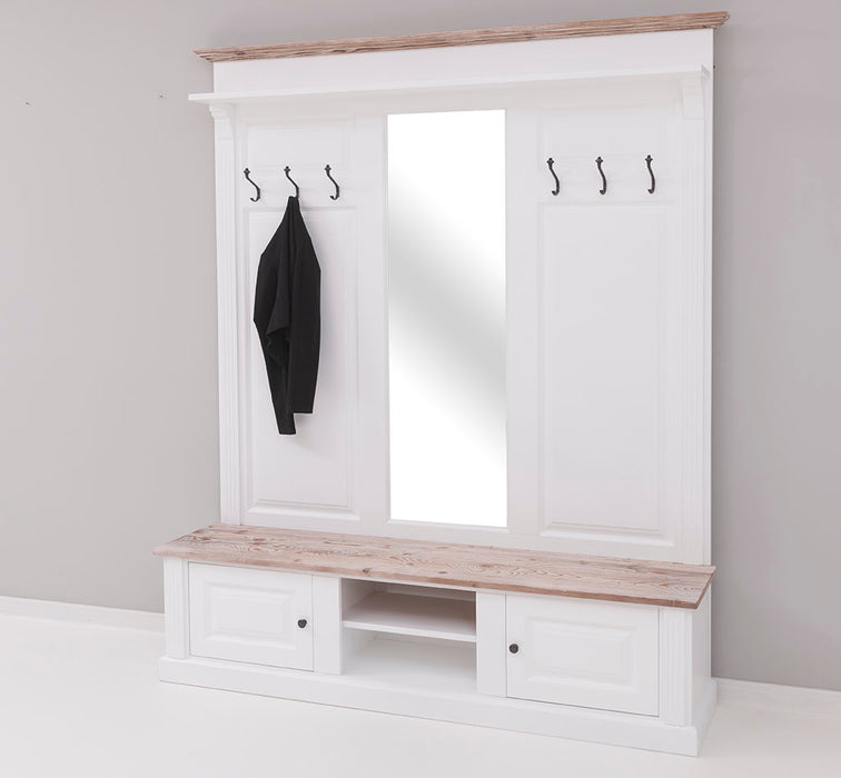 Große Garderobe aus Massivholz mit Kleiderhaken, Spiegel, Hutablage und Bank- Holzkontrast