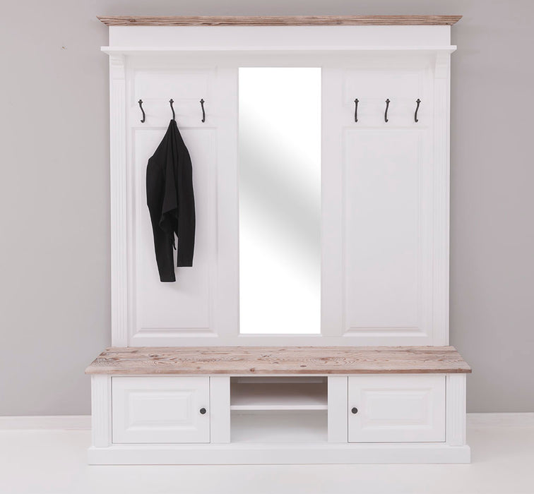 Große Garderobe aus Massivholz mit Kleiderhaken, Spiegel, Hutablage und Bank- Holzkontrast