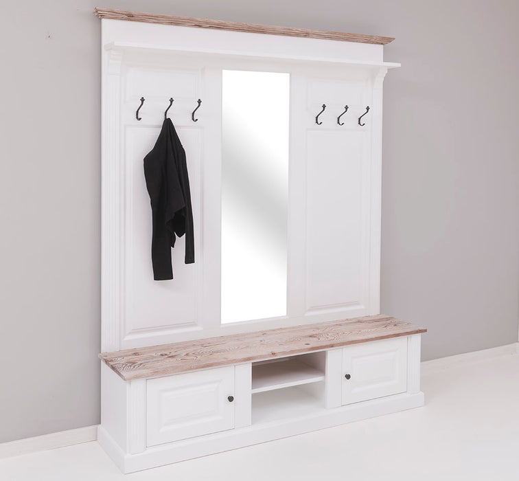 Große Garderobe aus Massivholz mit Kleiderhaken, Spiegel, Hutablage und Bank- Holzkontrast