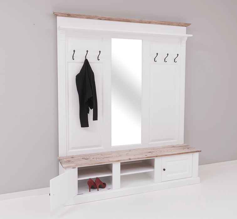 Große Garderobe aus Massivholz mit Kleiderhaken, Spiegel, Hutablage und Bank- Holzkontrast
