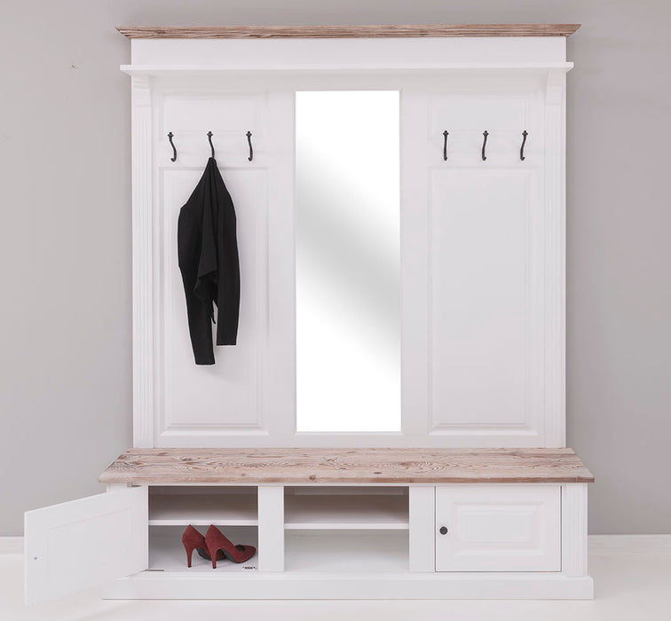 Große Garderobe aus Massivholz mit Kleiderhaken, Spiegel, Hutablage und Bank- Holzkontrast