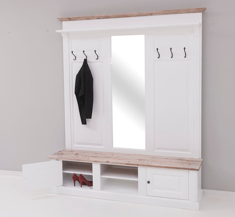 Große Garderobe aus Massivholz mit Kleiderhaken, Spiegel, Hutablage und Bank- Holzkontrast
