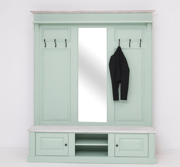 Große Garderobe aus Massivholz mit Kleiderhaken, Spiegel, Hutablage und Bank- Holzkontrast