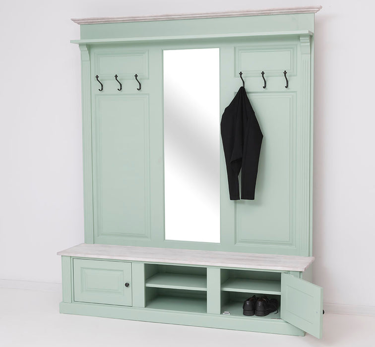 Große Garderobe aus Massivholz mit Kleiderhaken, Spiegel, Hutablage und Bank- Holzkontrast