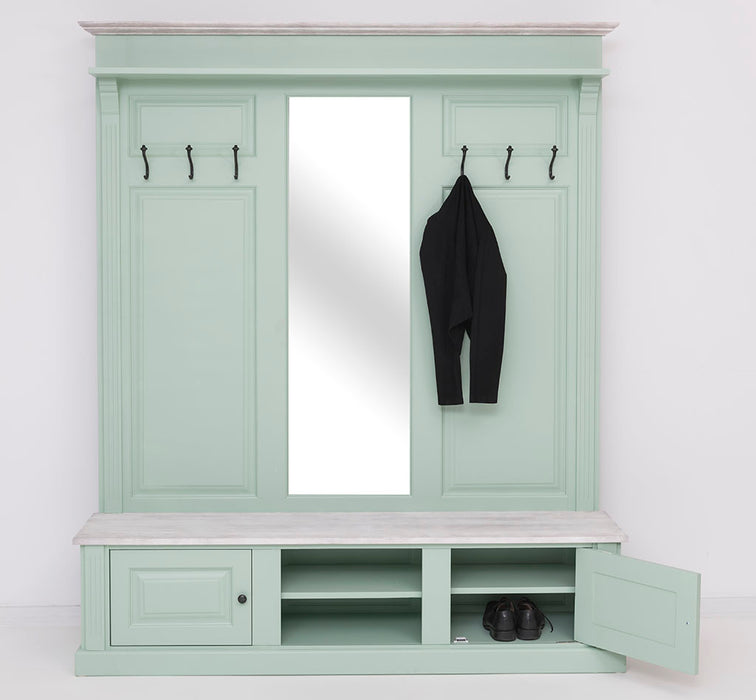 Große Garderobe aus Massivholz mit Kleiderhaken, Spiegel, Hutablage und Bank- Holzkontrast