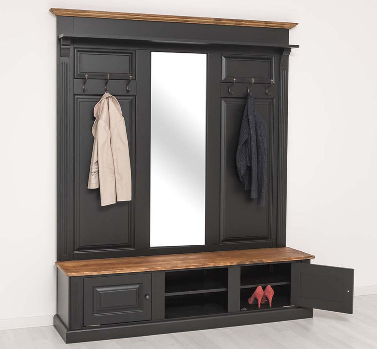 Große Garderobe aus Massivholz mit Kleiderhaken, Spiegel, Hutablage und Bank- Holzkontrast