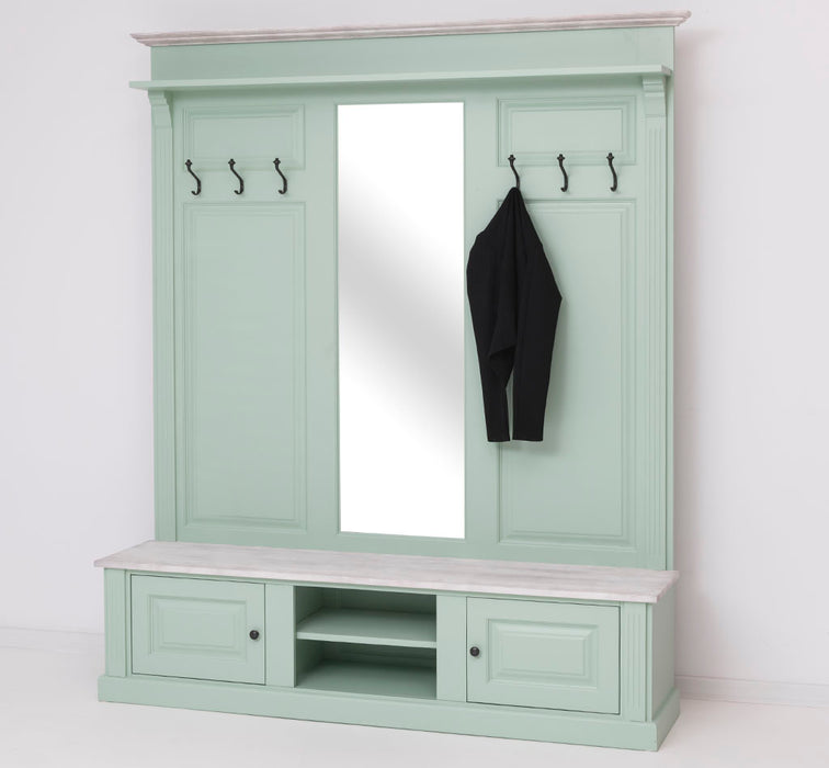 Große Garderobe aus Massivholz mit Kleiderhaken, Spiegel, Hutablage und Bank- Holzkontrast