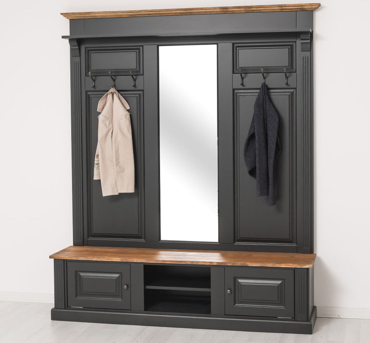 Große Garderobe aus Massivholz mit Kleiderhaken, Spiegel, Hutablage und Bank- Holzkontrast