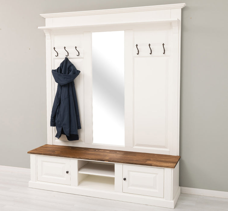 Große Garderobe aus Massivholz mit Kleiderhaken, Spiegel, Hutablage und Bank- Holzkontrast