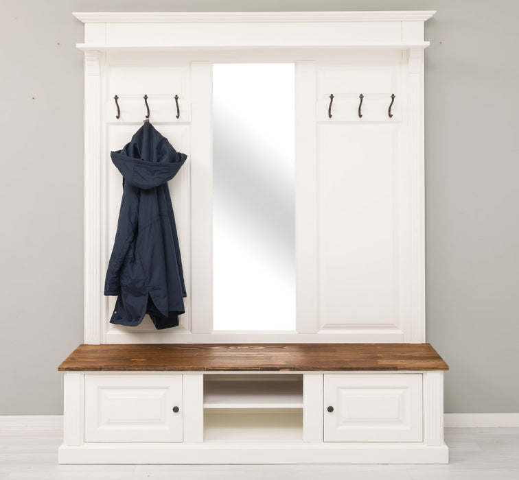 Große Garderobe aus Massivholz mit Kleiderhaken, Spiegel, Hutablage und Bank- Holzkontrast