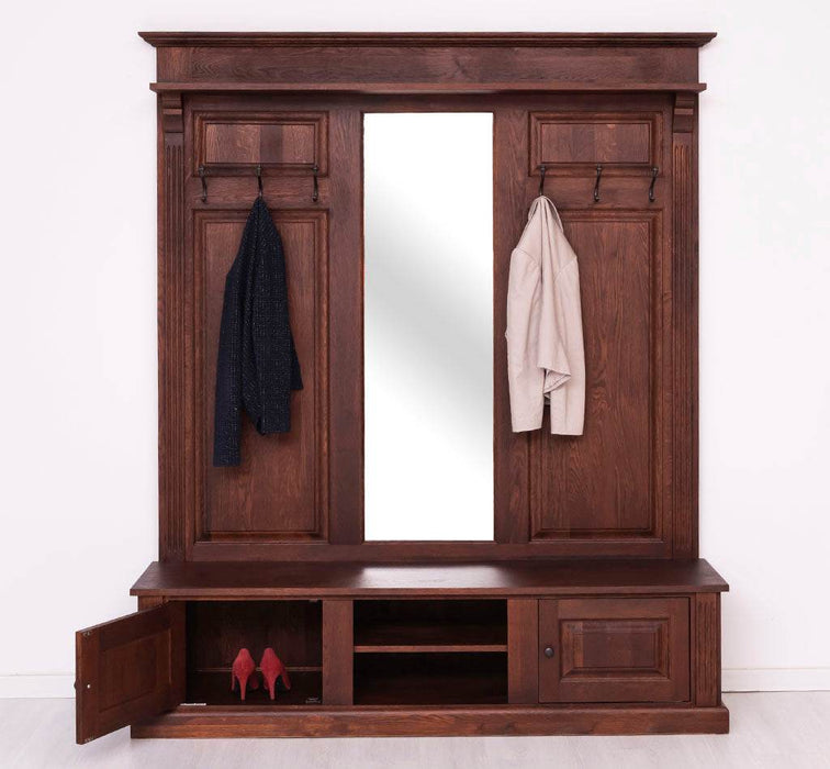 Große Garderobe aus massiver Eiche mit Kleiderhaken, Spiegel, Hutablage und Bank -