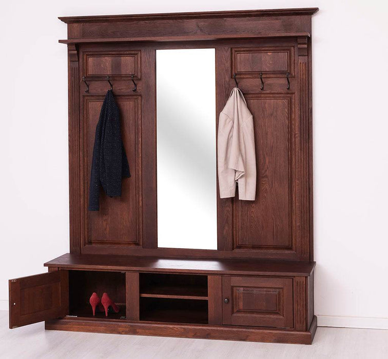 Große Garderobe aus massiver Eiche mit Kleiderhaken, Spiegel, Hutablage und Bank -