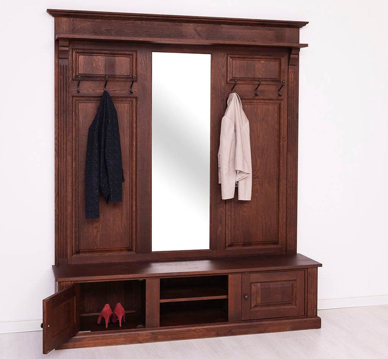 Große Garderobe aus massiver Eiche mit Kleiderhaken, Spiegel, Hutablage und Bank -