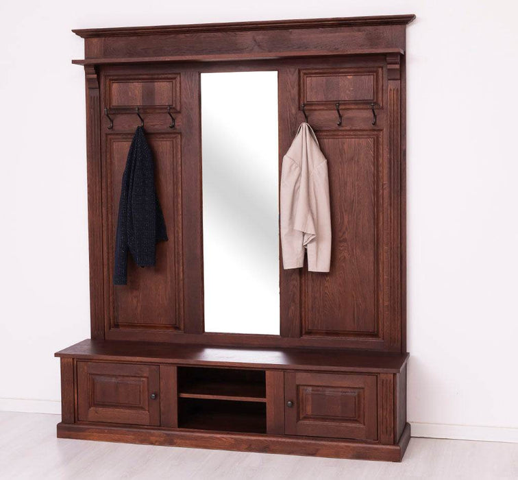 Große Garderobe aus massiver Eiche mit Kleiderhaken, Spiegel, Hutablage und Bank -