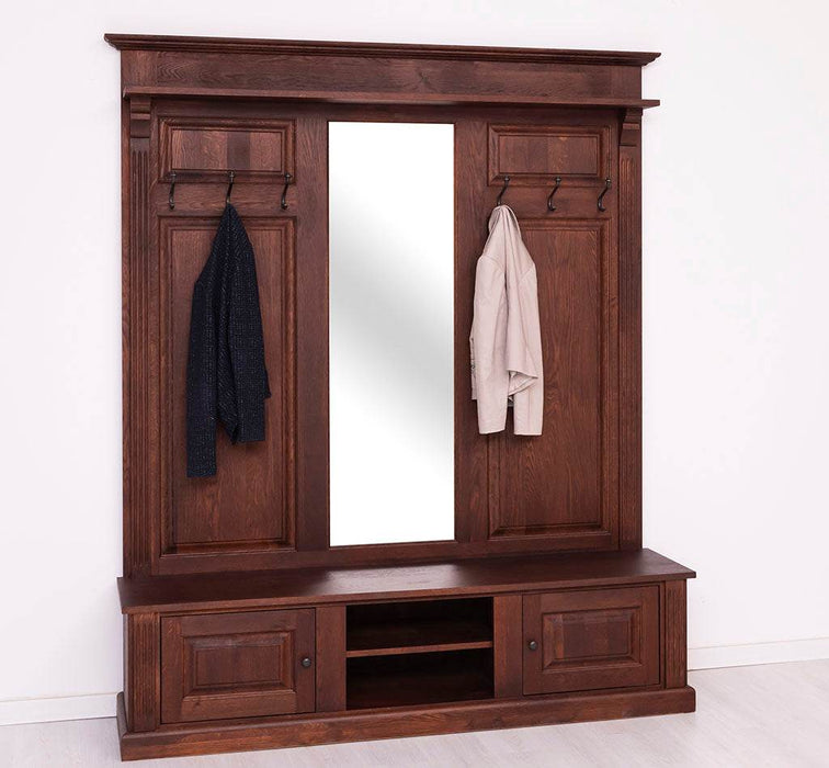 Große Garderobe aus massiver Eiche mit Kleiderhaken, Spiegel, Hutablage und Bank -