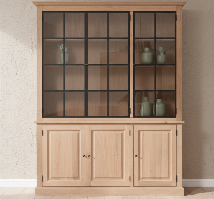 Große Industrial Vitrine aus massiver Eiche mit 6 Türen