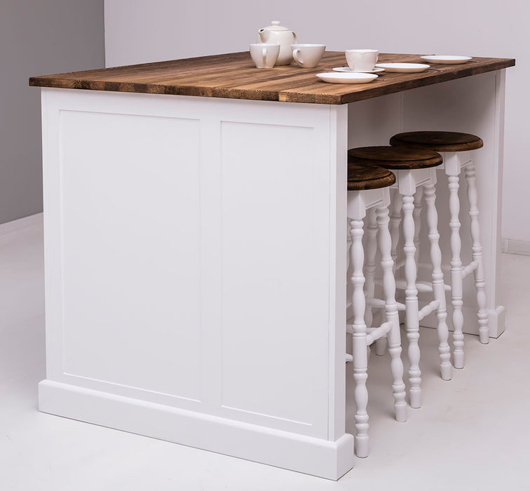 Große Kücheninsel aus Massivholz mit Platz für drei Barhocker