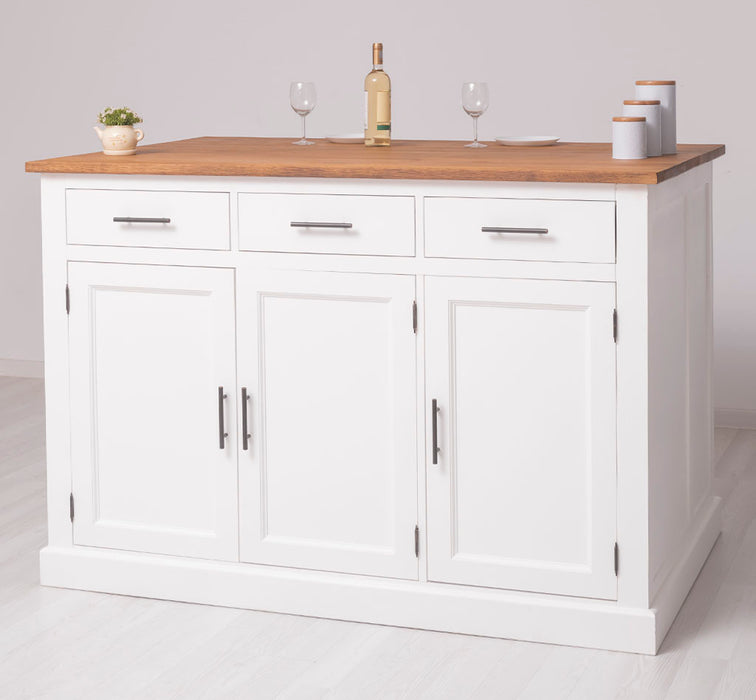 Große Kücheninsel aus Massivholz mit Platz für drei Barhocker