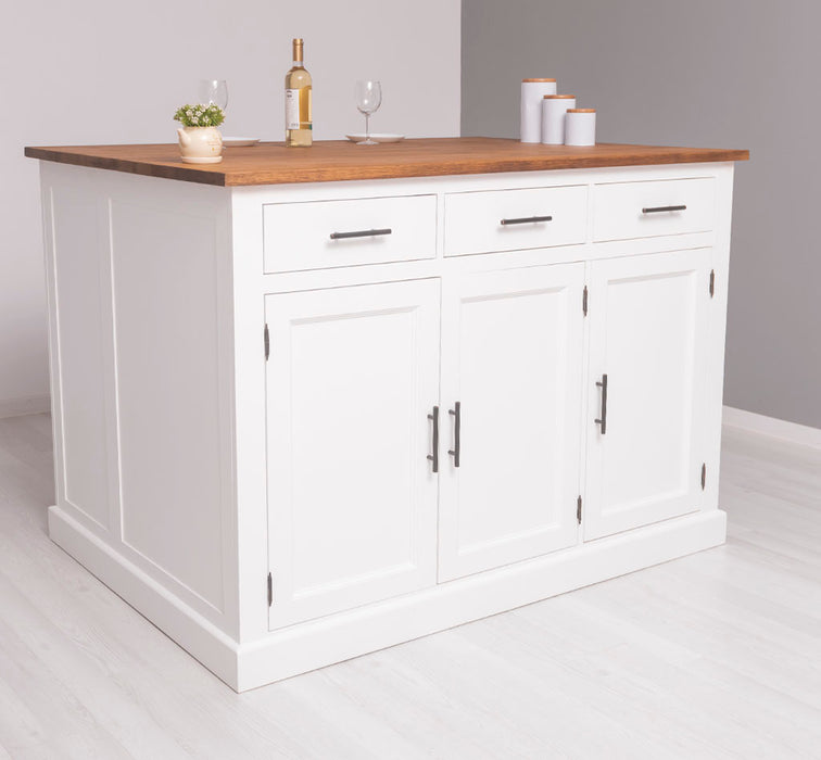 Große Kücheninsel aus Massivholz mit Platz für drei Barhocker