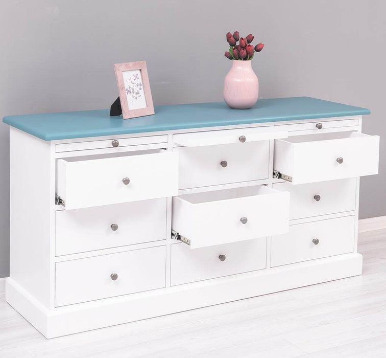 Große Landhauskommode mit neun Schubladen - Sideboard in verschiedenen Farben - Vintage Gelb