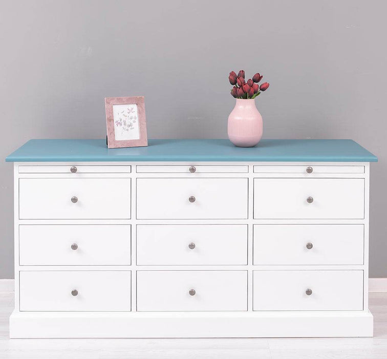 Große Landhauskommode mit neun Schubladen - Sideboard in verschiedenen Farben - Weiß - Blau
