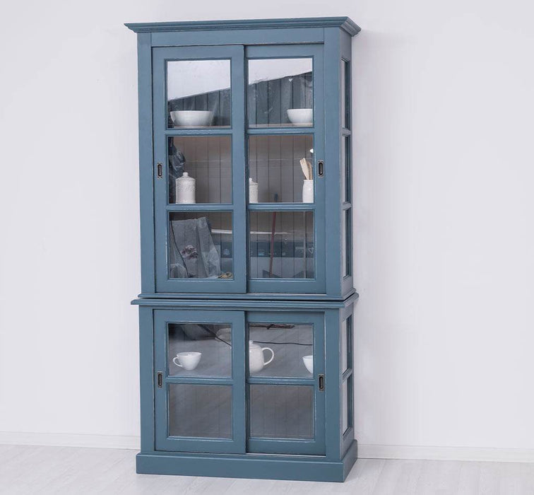 Große Vitrine aus Massivholz - 2 teilig | Geschirrschrank mit 2 Schiebetüren -