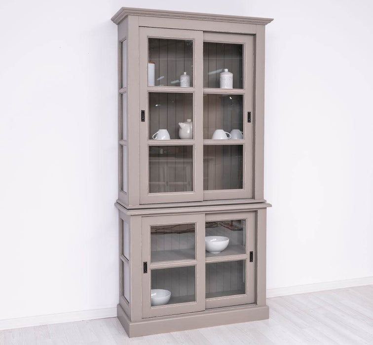 Große Vitrine aus Massivholz - 2 teilig | Geschirrschrank mit 2 Schiebetüren -