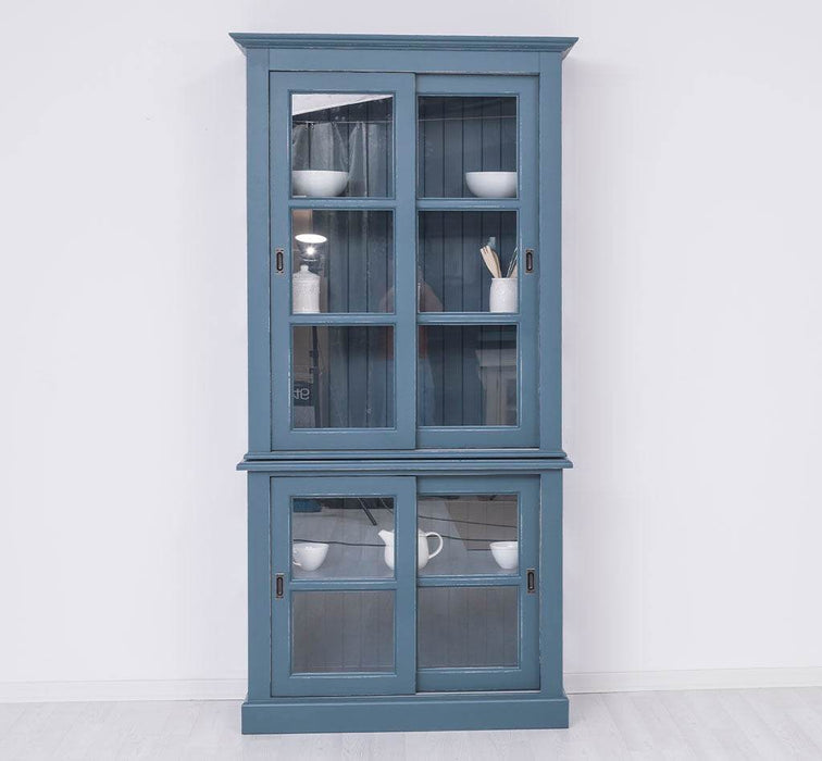 Große Vitrine aus Massivholz - 2 teilig | Geschirrschrank mit 2 Schiebetüren -