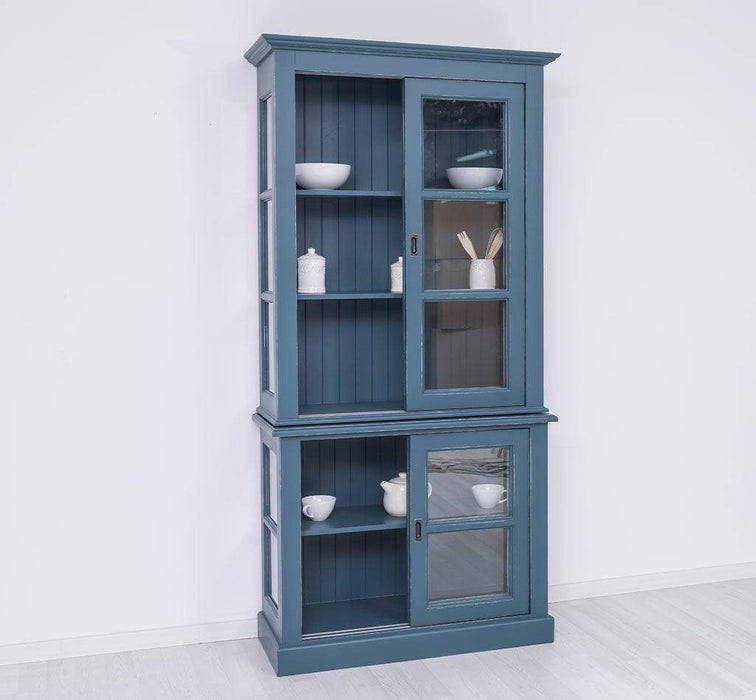 Große Vitrine aus Massivholz - 2 teilig | Geschirrschrank mit 2 Schiebetüren -