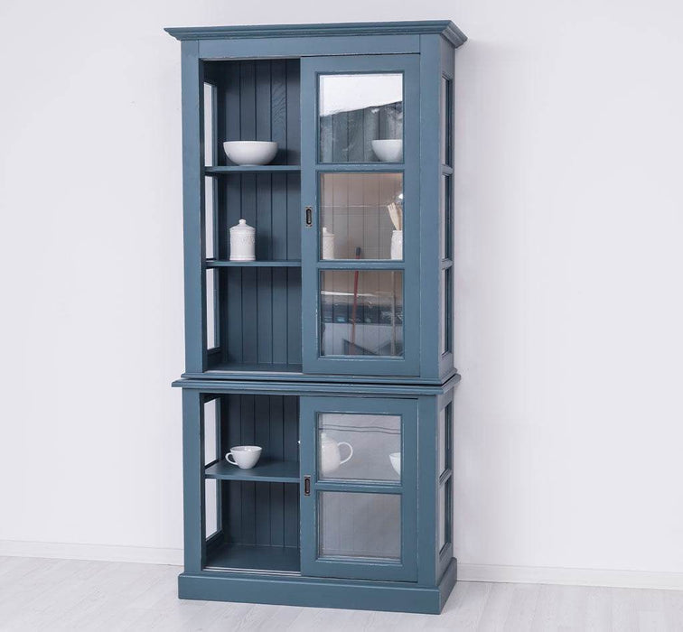 Große Vitrine aus Massivholz - 2 teilig | Geschirrschrank mit 2 Schiebetüren -