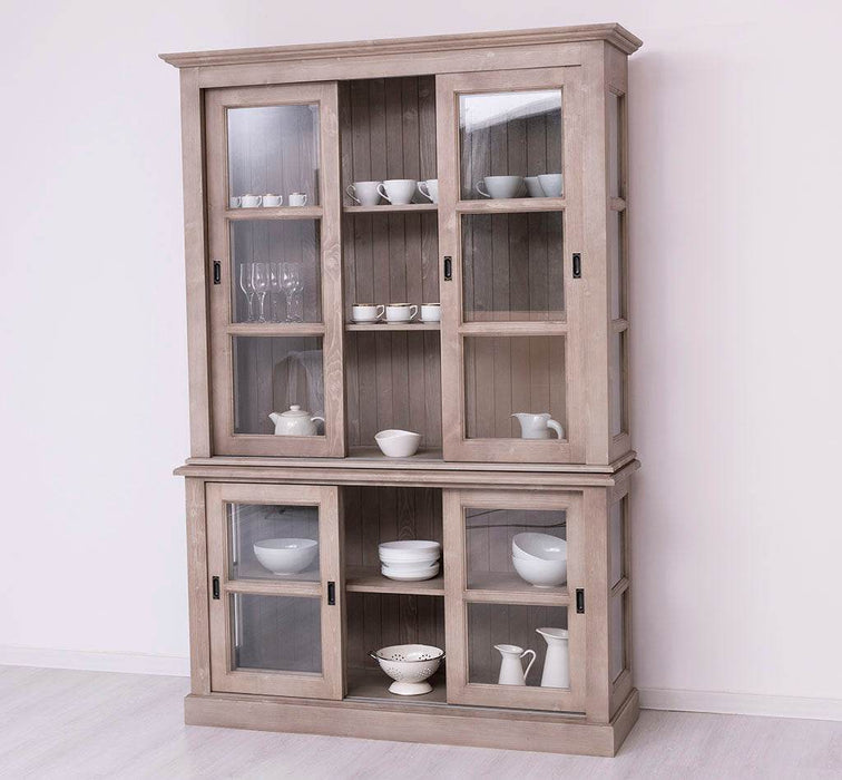 Große Vitrine aus Massivholz | 2- teiliger Geschirrschrank mit 3 Schiebetüren -