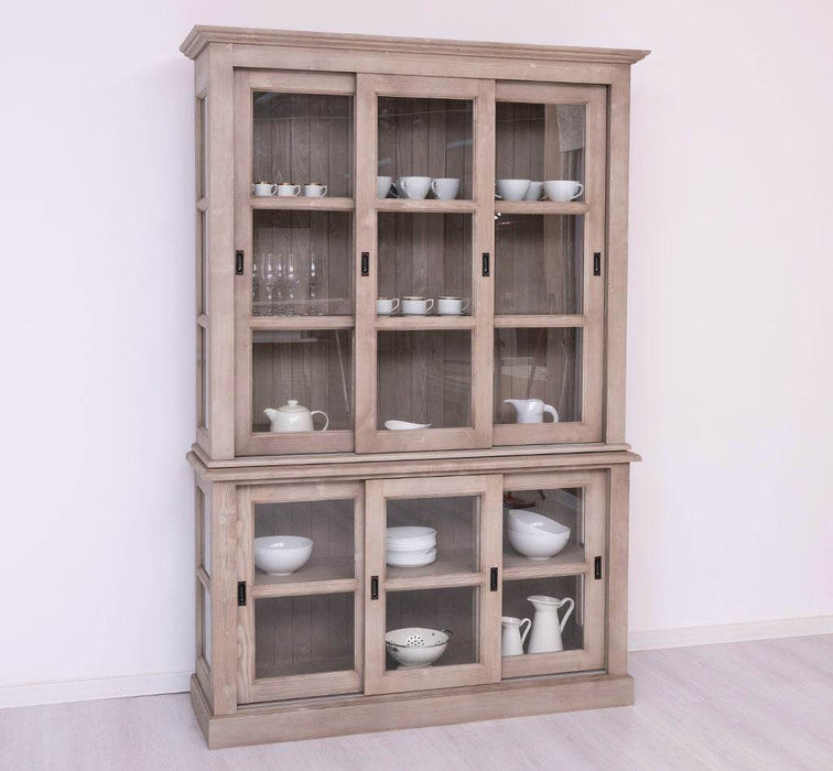 Große Vitrine aus Massivholz | 2- teiliger Geschirrschrank mit 3 Schiebetüren -
