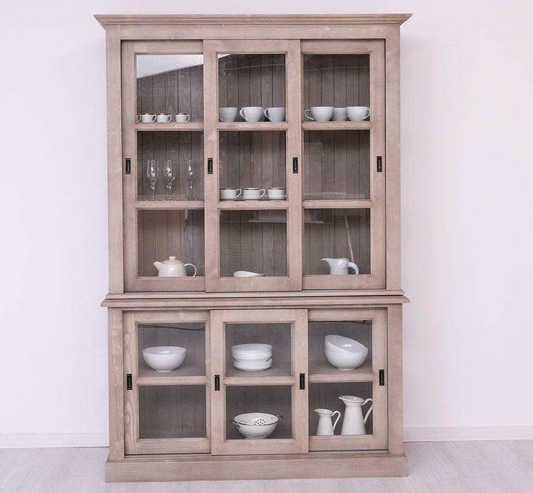 Große Vitrine aus Massivholz | 2- teiliger Geschirrschrank mit 3 Schiebetüren -