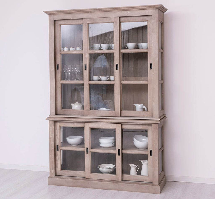 Große Vitrine aus Massivholz | 2- teiliger Geschirrschrank mit 3 Schiebetüren -