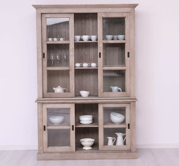 Große Vitrine aus Massivholz | 2- teiliger Geschirrschrank mit 3 Schiebetüren -