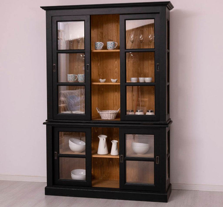 Große Vitrine aus Massivholz | 2- teiliger Geschirrschrank mit 3 Schiebetüren -