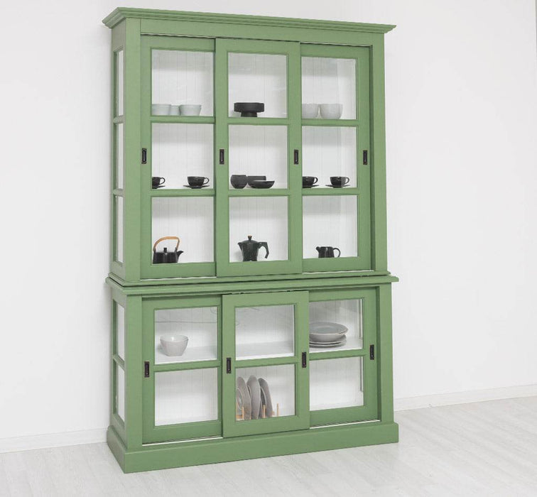 Große Vitrine aus Massivholz | 2- teiliger Geschirrschrank mit 3 Schiebetüren -