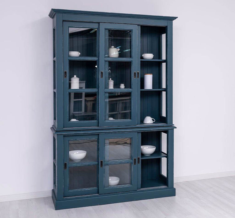 Große Vitrine aus Massivholz | 2- teiliger Geschirrschrank mit 3 Schiebetüren -