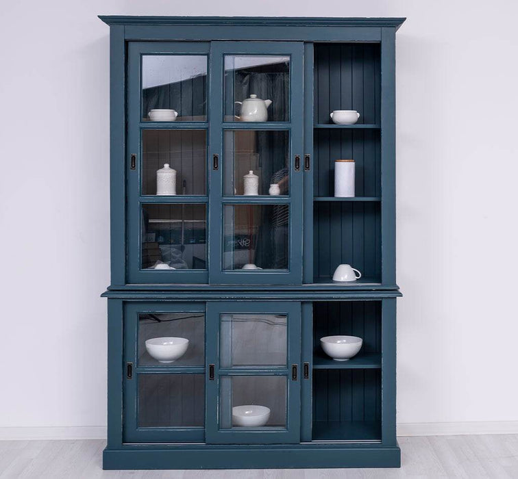 Große Vitrine aus Massivholz | 2- teiliger Geschirrschrank mit 3 Schiebetüren -