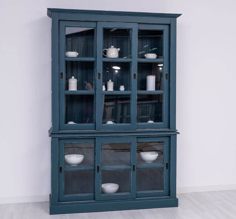 Große Vitrine aus Massivholz | 2- teiliger Geschirrschrank mit 3 Schiebetüren -