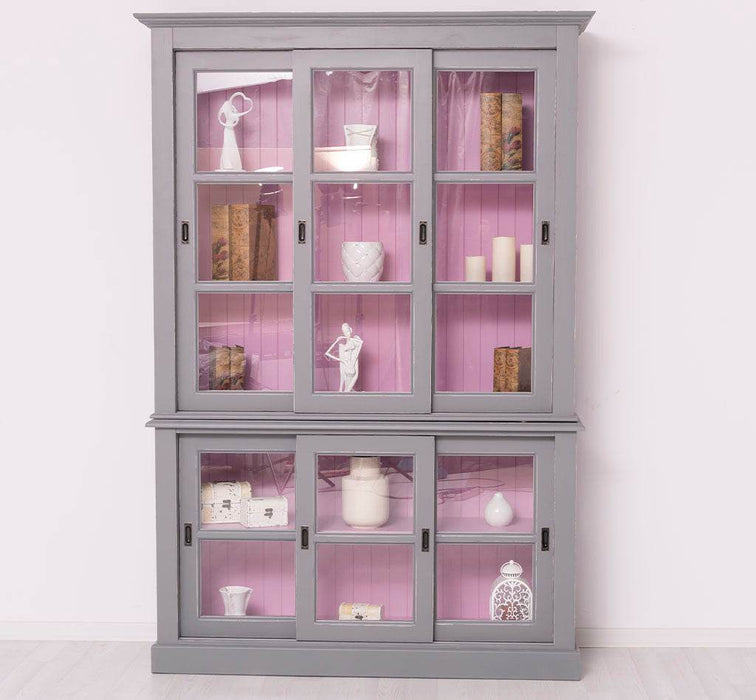 Große Vitrine aus Massivholz | 2- teiliger Geschirrschrank mit 3 Schiebetüren -