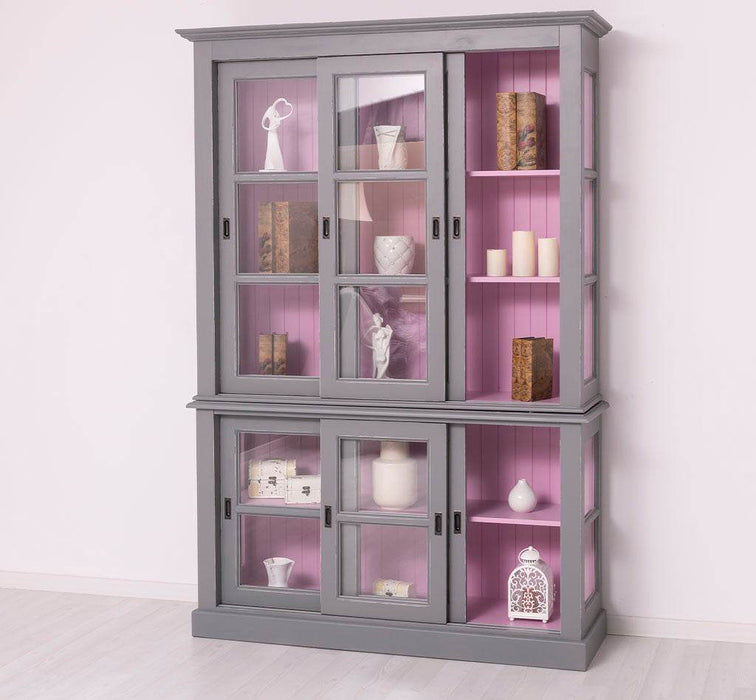 Große Vitrine aus Massivholz | 2- teiliger Geschirrschrank mit 3 Schiebetüren -