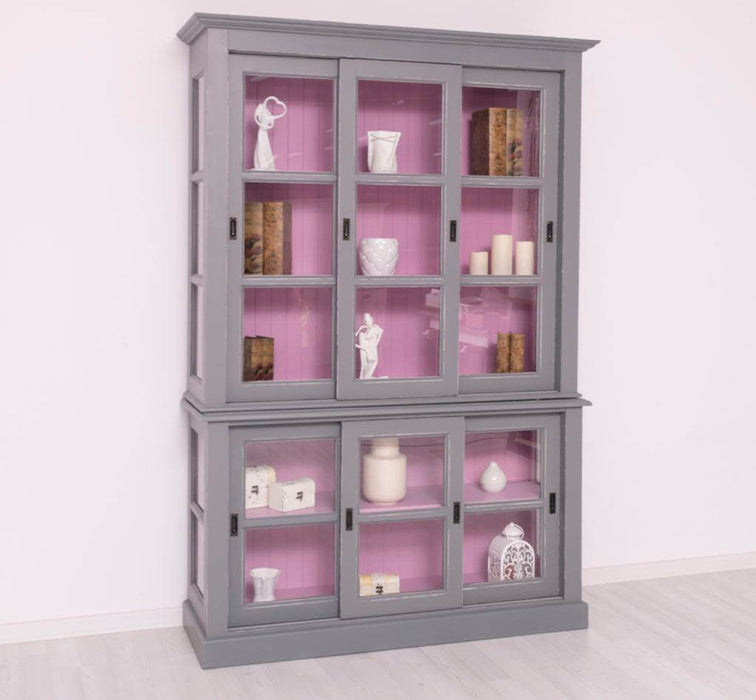 Große Vitrine aus Massivholz | 2- teiliger Geschirrschrank mit 3 Schiebetüren -