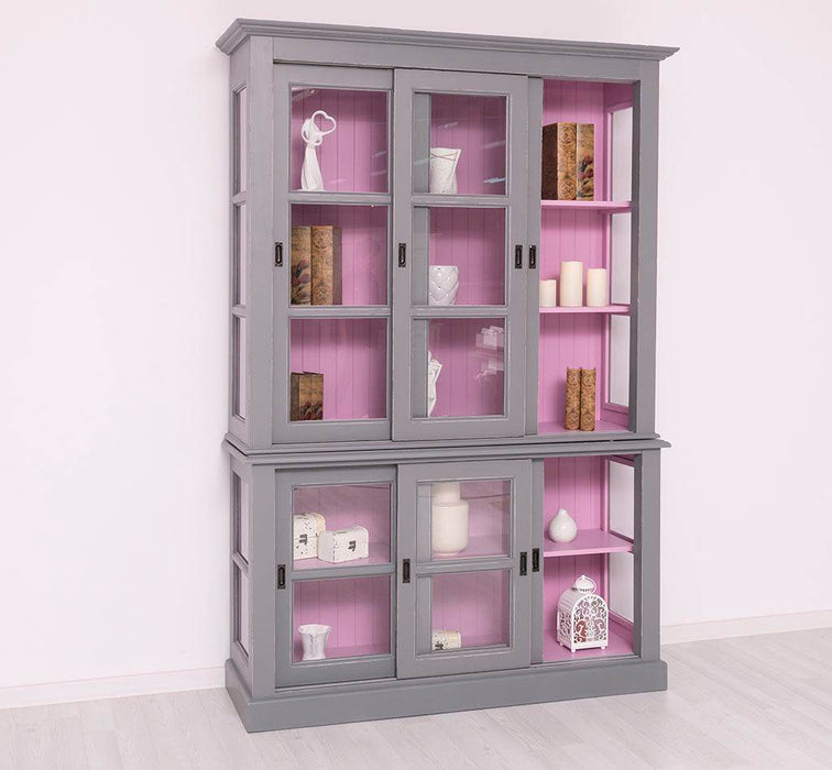 Große Vitrine aus Massivholz | 2- teiliger Geschirrschrank mit 3 Schiebetüren -