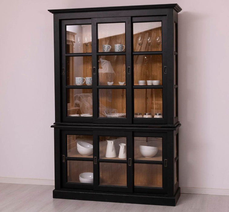 Große Vitrine aus Massivholz | 2- teiliger Geschirrschrank mit 3 Schiebetüren -