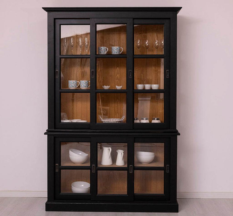 Große Vitrine aus Massivholz | 2- teiliger Geschirrschrank mit 3 Schiebetüren -