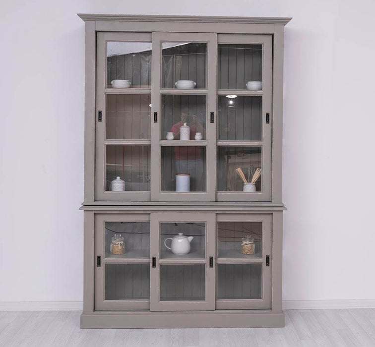 Große Vitrine aus Massivholz | 2- teiliger Geschirrschrank mit 3 Schiebetüren -