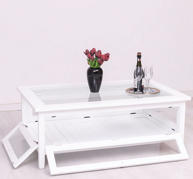 Großer Couchtisch aus Massivholz mit Fenstertüren und Glasplatte
