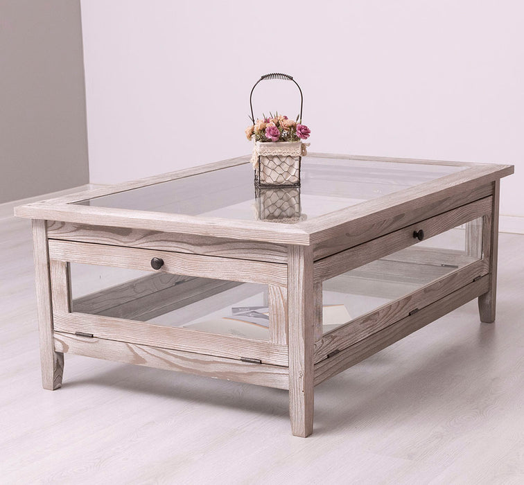 Großer Couchtisch aus Massivholz mit Fenstertüren und Glasplatte