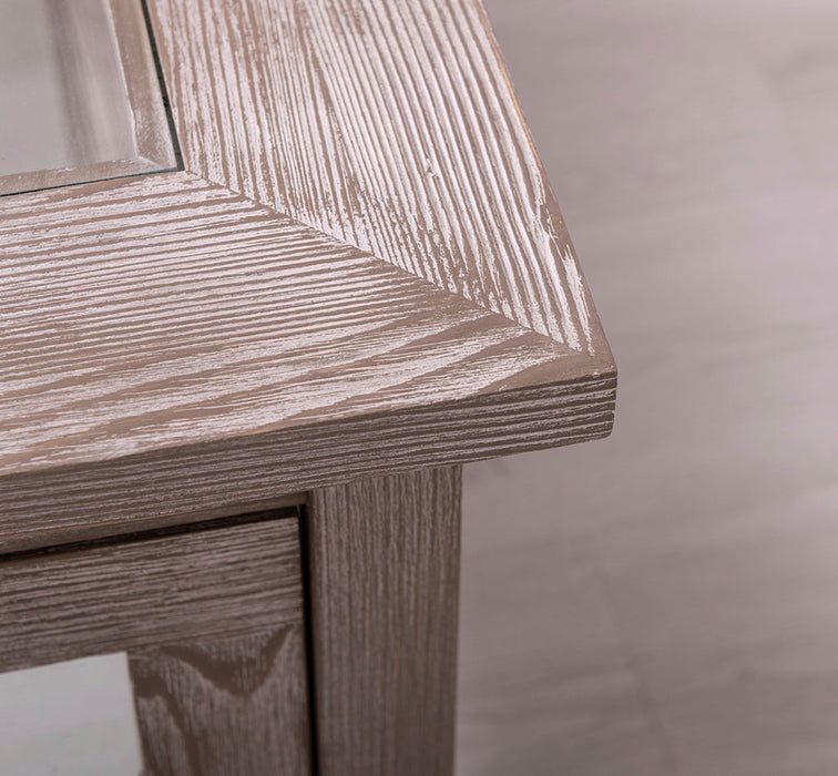 Großer Couchtisch aus Massivholz mit Fenstertüren und Glasplatte